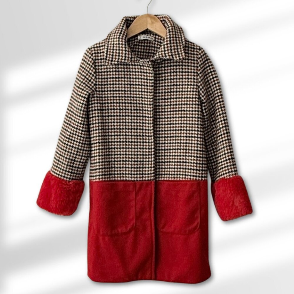 Shein Girl's Plaid & Red Fall/Winter Fancy Coat w/ Gold Buttons Size 7-8